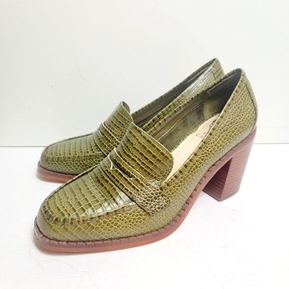 Vince Camuto Carigina Grren Croc Embossed Chunky Heel 90s Inspo Loafer Size 9.5 - Picture 1 of 8